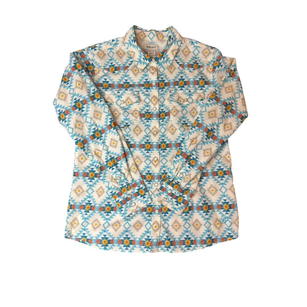 Ariat Womens Everyday Western Snap LS Shirt Blue White Aztec 10060382 M